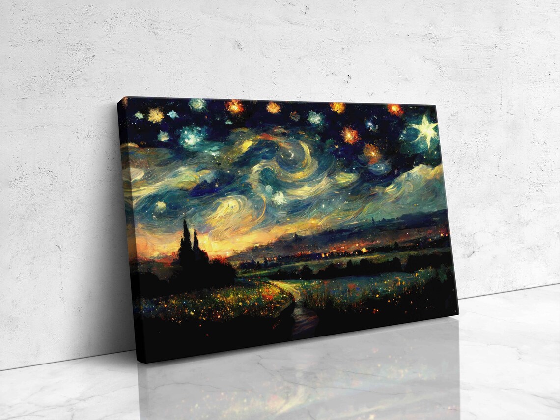 Starry Night Sky Swirling Stars Over Countryside Impressionist Art Poster - Image 3