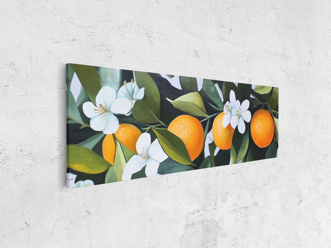 Juicy Oranges Blossoms Dark Background Moody Citrus Kitchen Wall Art - Image 4