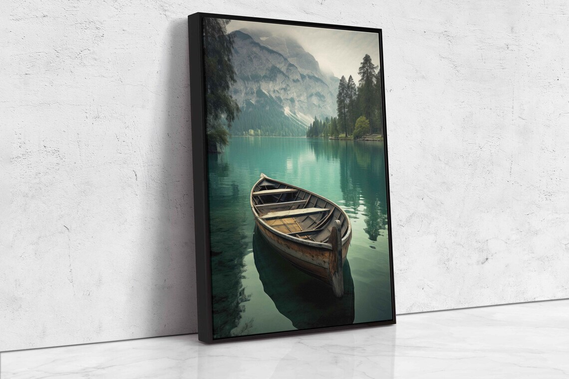 Rustic Boat On Lake Wall Art Print Peaceful Nature Flowing River Olden Canoe Mountain Range Ready To Hang - Image 4