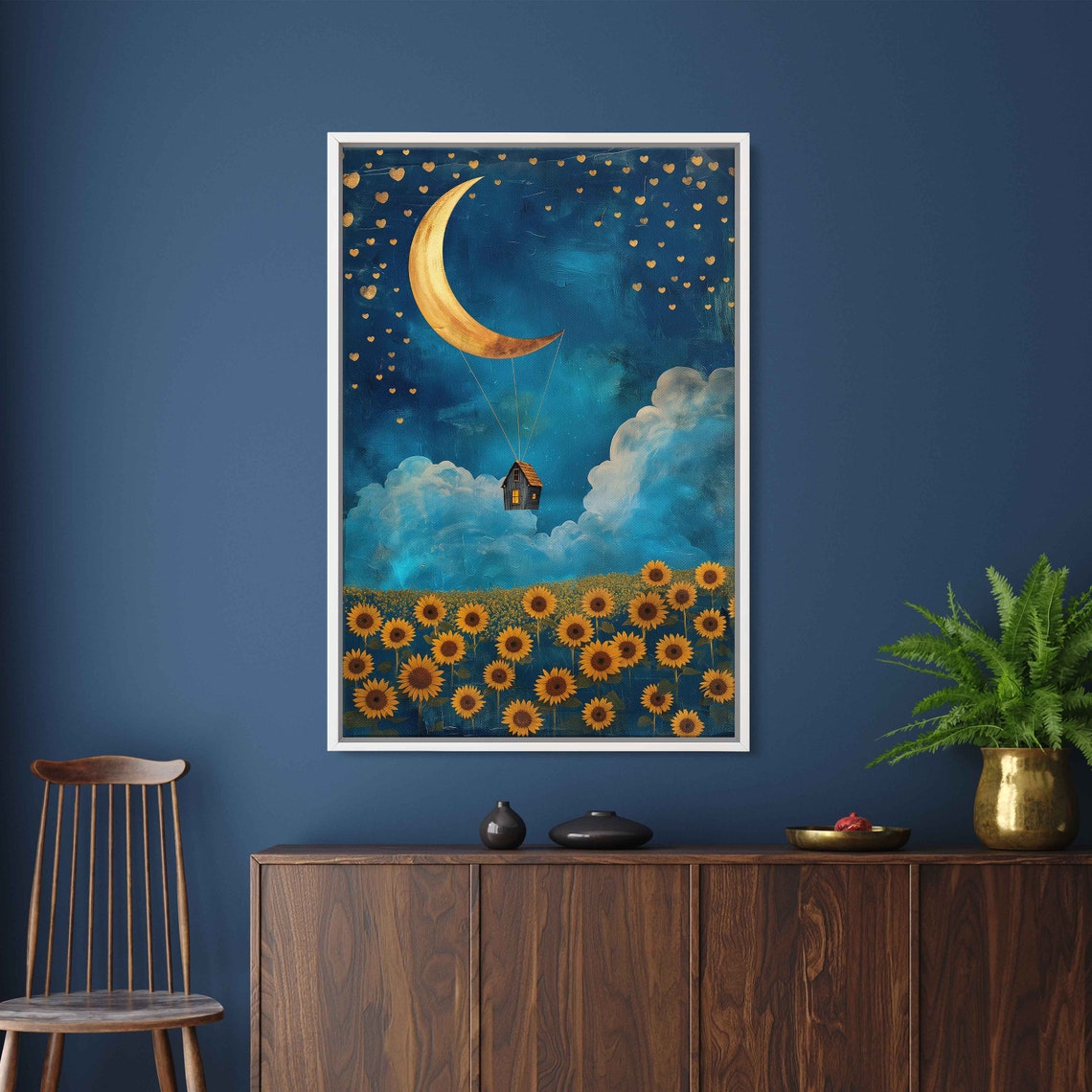 Crescent Moon Balloon Lifting Tiny House Over Sunflower Field Poster