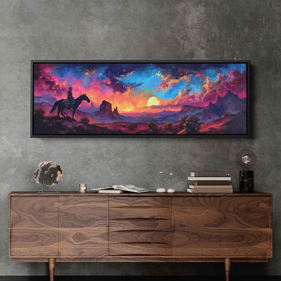 Cowboy Riding Through Desert Panoramic Wall Art Print Neon Sunset Vibrant Colors Western Art Ready To Hang