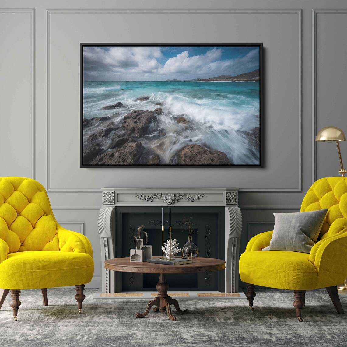 Turquoise Waves Crashing Dark Volcanic Rocks Rocky Beach Seascape Poster - Image 2