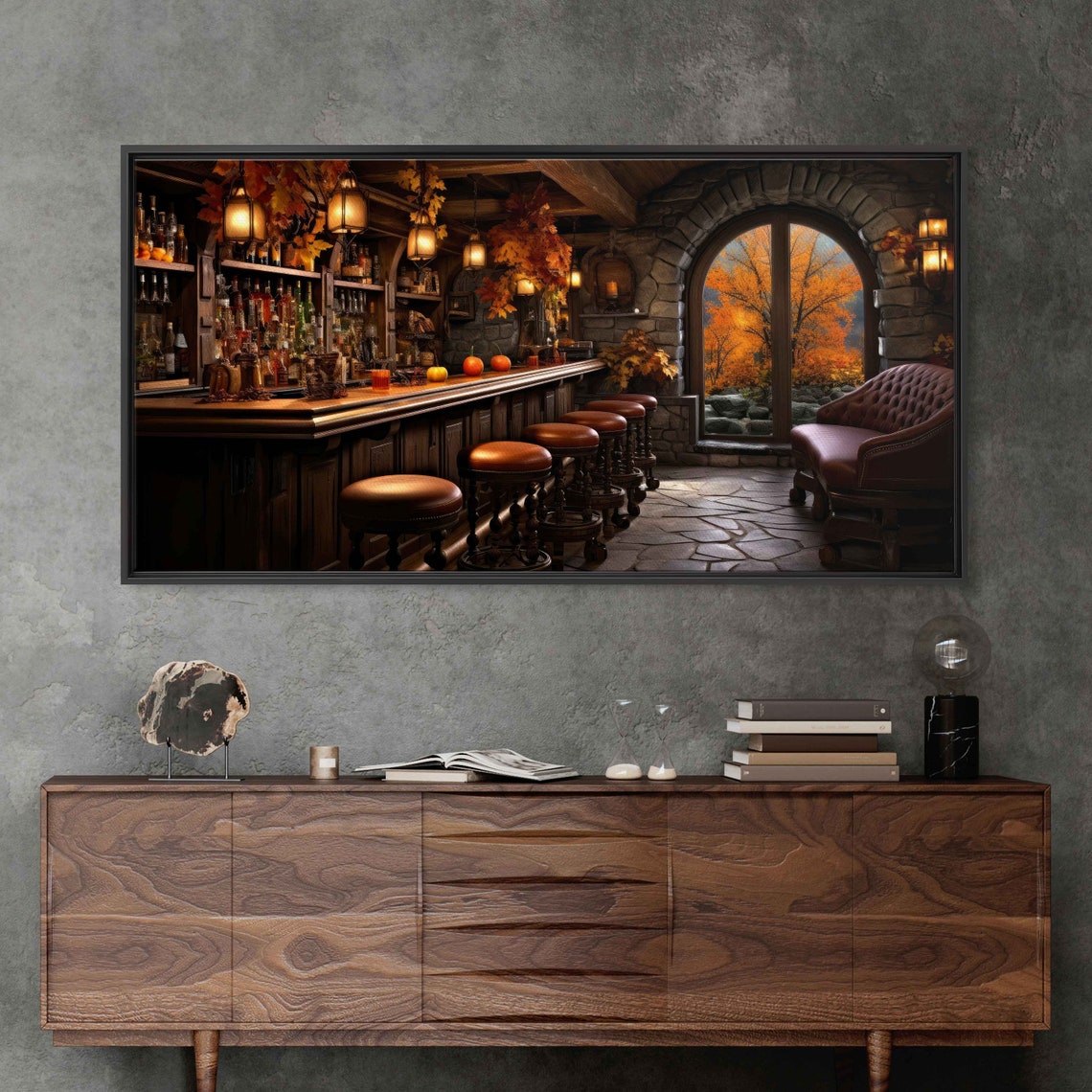 Cozy Autumn Pub Bar Interior Stone Arch Window Fall Foliage Art Print - Image 3