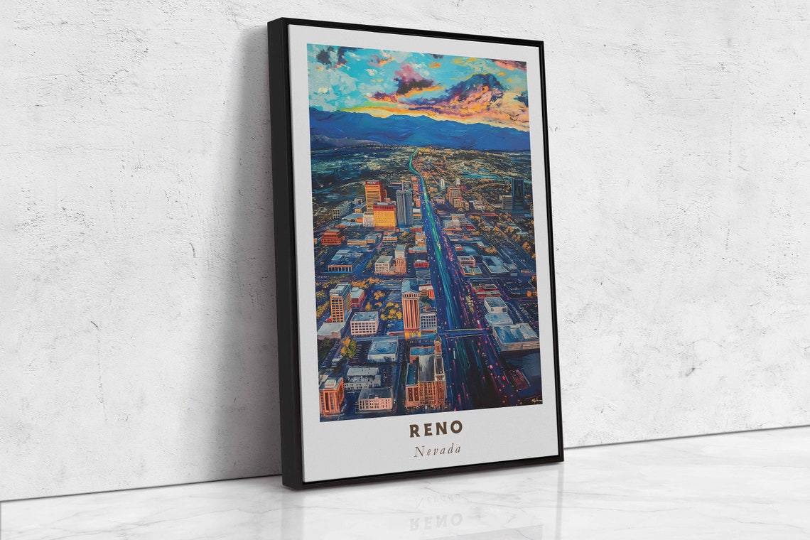 Reno Nevada City Lights Night Aerial Cityscape View Travel Poster - Image 2