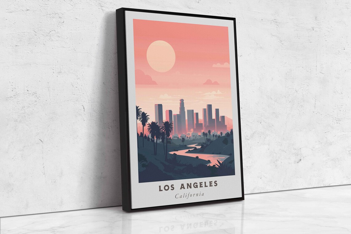 Los Angeles California Retro Skyline Sunset Palms Road Travel Poster - Image 2