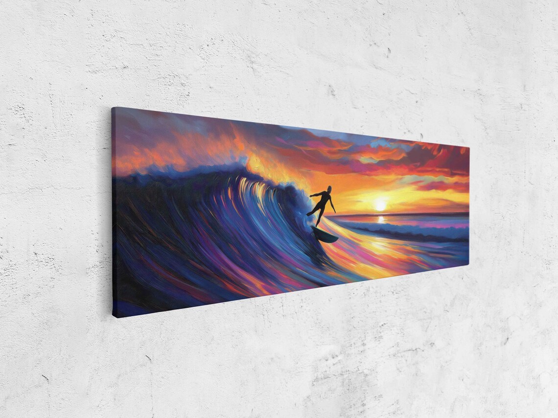 Surfer Riding Giant Wave At Fiery Sunset Ocean Painting Poster - Image 4
