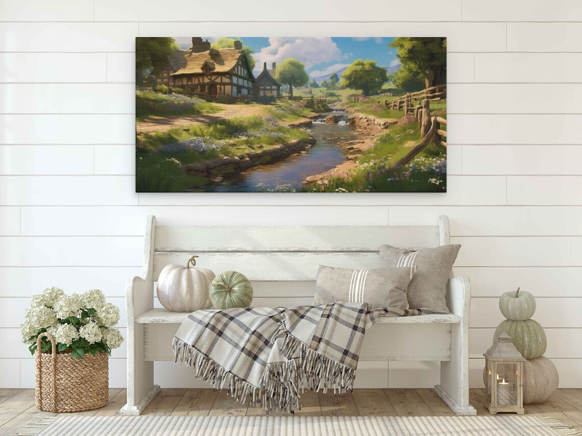Thatched Stone Cottage by Stream Sunny Countryside Painting Poster - Image 2