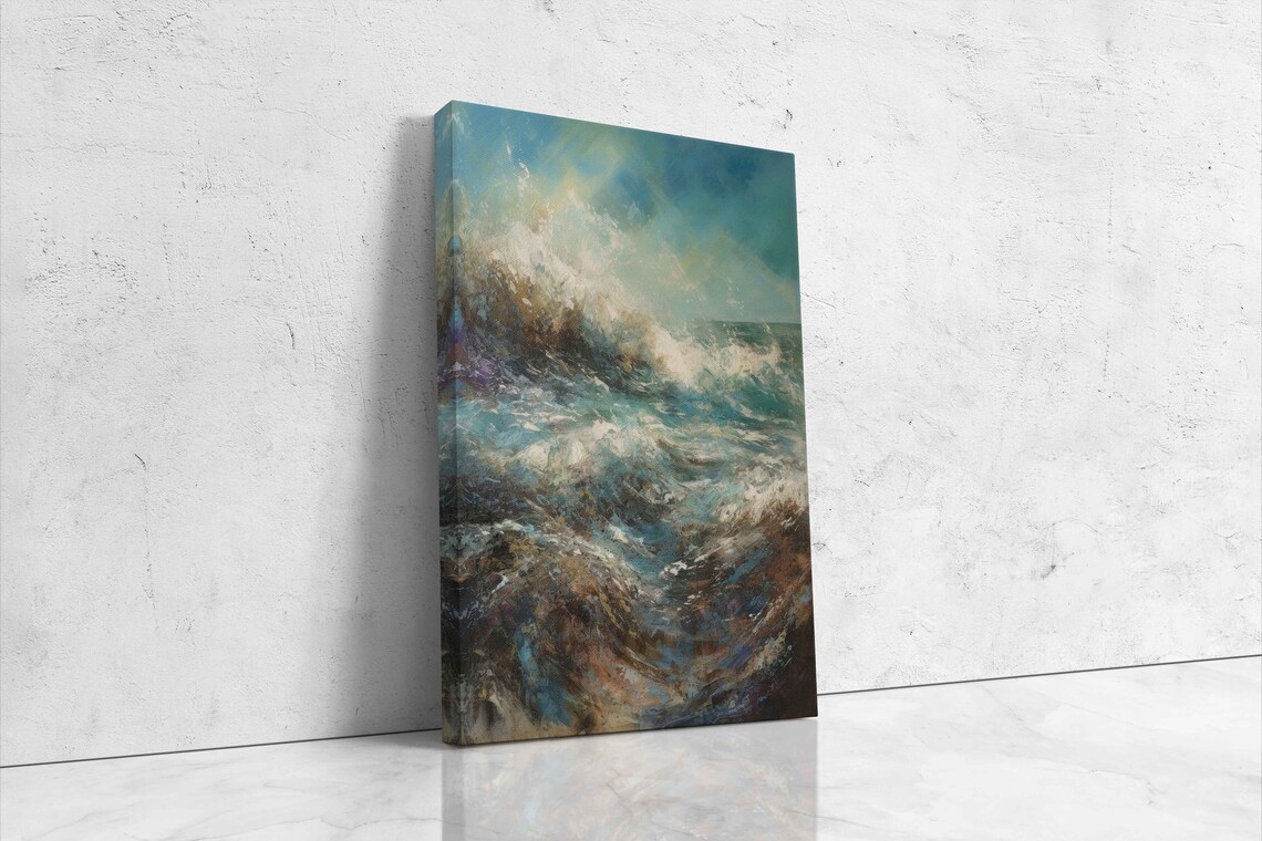 Abstract Crashing Wave Vertical Seascape Gold And Teal Oil Painting Print - Image 4