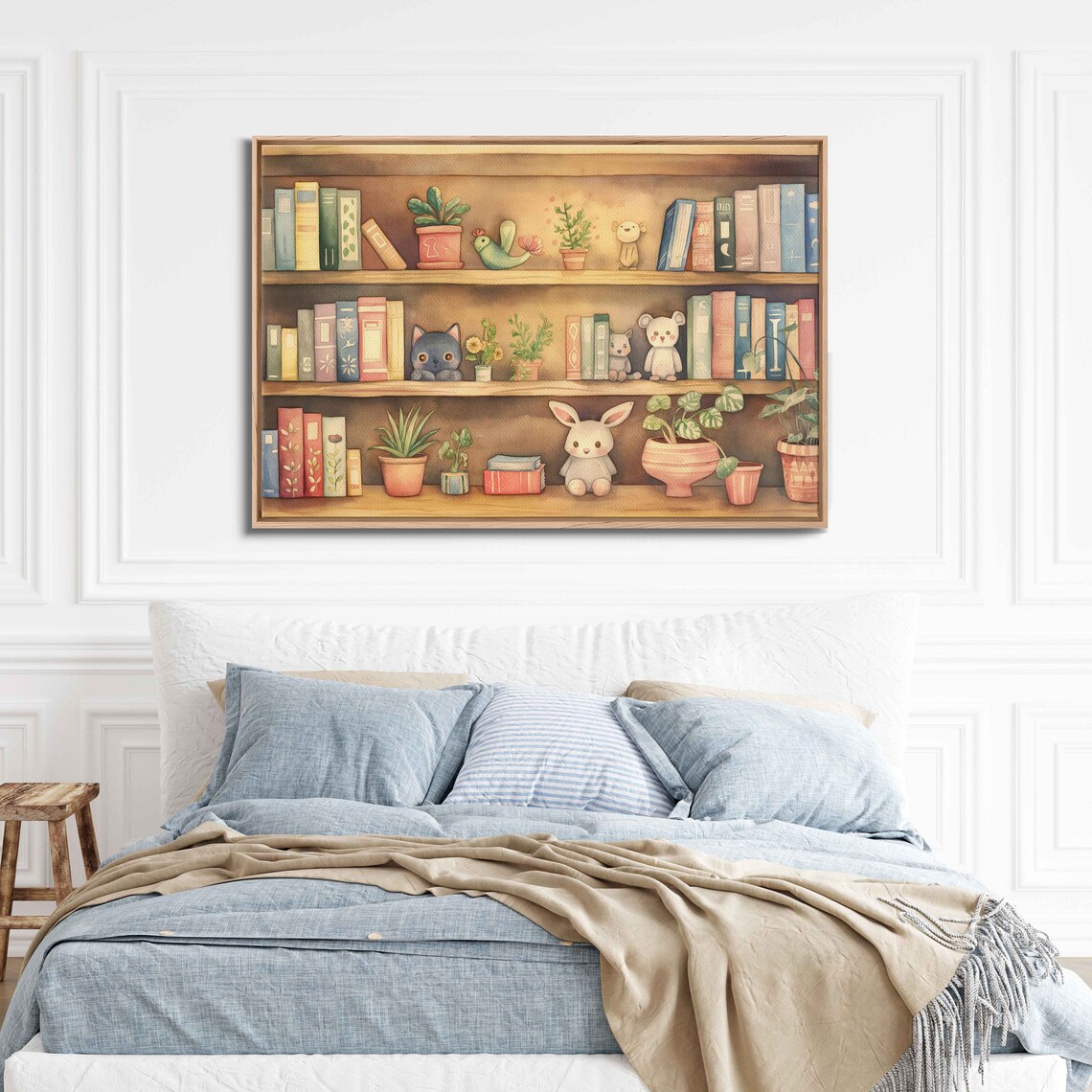 Watercolor Bookshelf With Cute Stuffed Animals and Plants Nursery Wall Poster