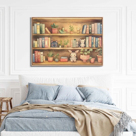 Watercolor Bookshelf With Cute Stuffed Animals and Plants Nursery Wall Poster