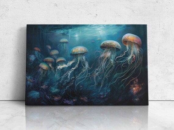 Jellyfish Underwater Oil Painting Print On Ready To Hang Home Office Decor Bedroom Decor