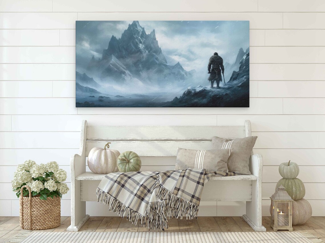 Icy Lands Barbarian Snowy Mountain Painting Framed Print Ready To Hang - Image 2