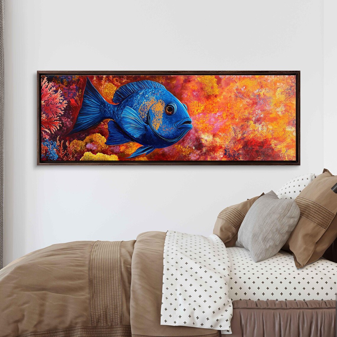Vibrant Blue Reef Fish Fiery Coral Background Acrylic Art Poster