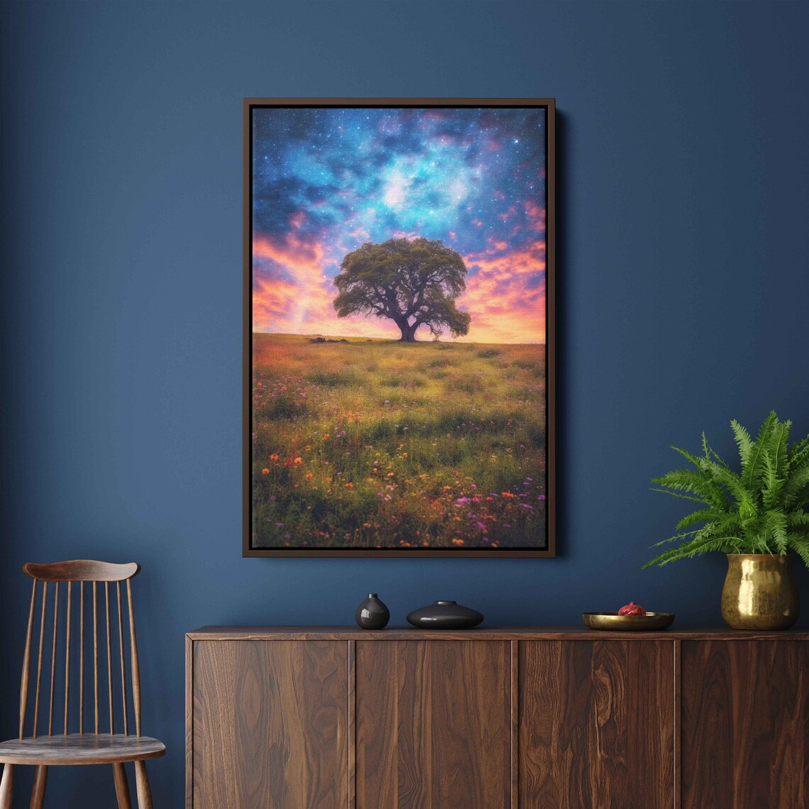 Colorful Ancient Tree In An Open Field Colorful Cloudy Skies Framed Print Ready To Hang