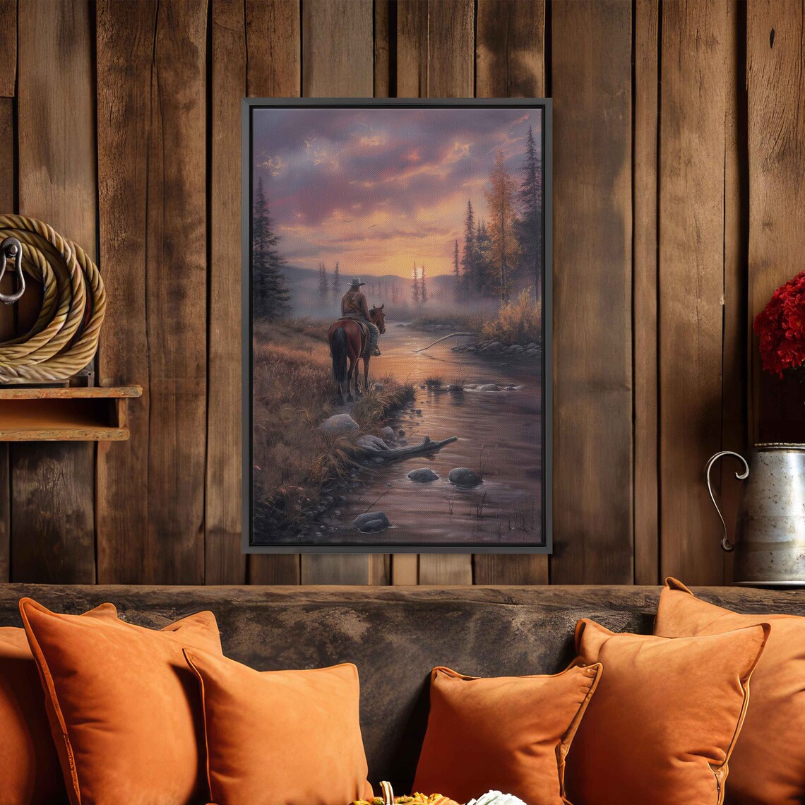 Cowboy On Horse Misty River Peaceful Sunset Forest Western Art Print - Image 3