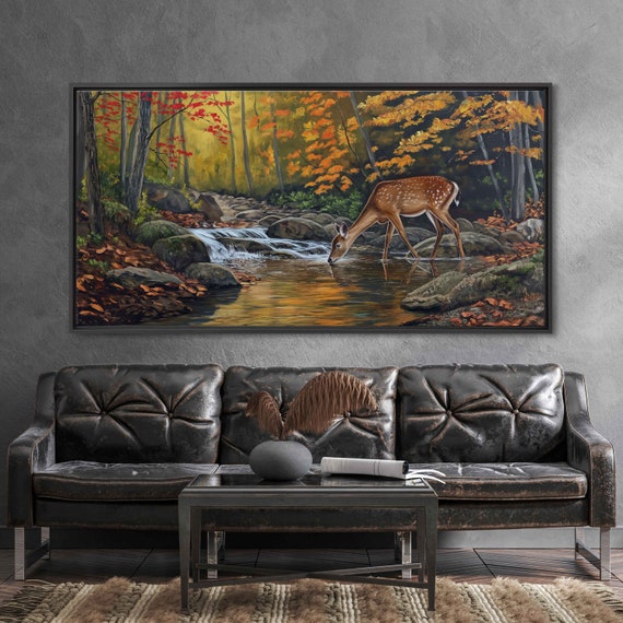 Whitetail Deer in Forest Stream Nature Photo Art Print