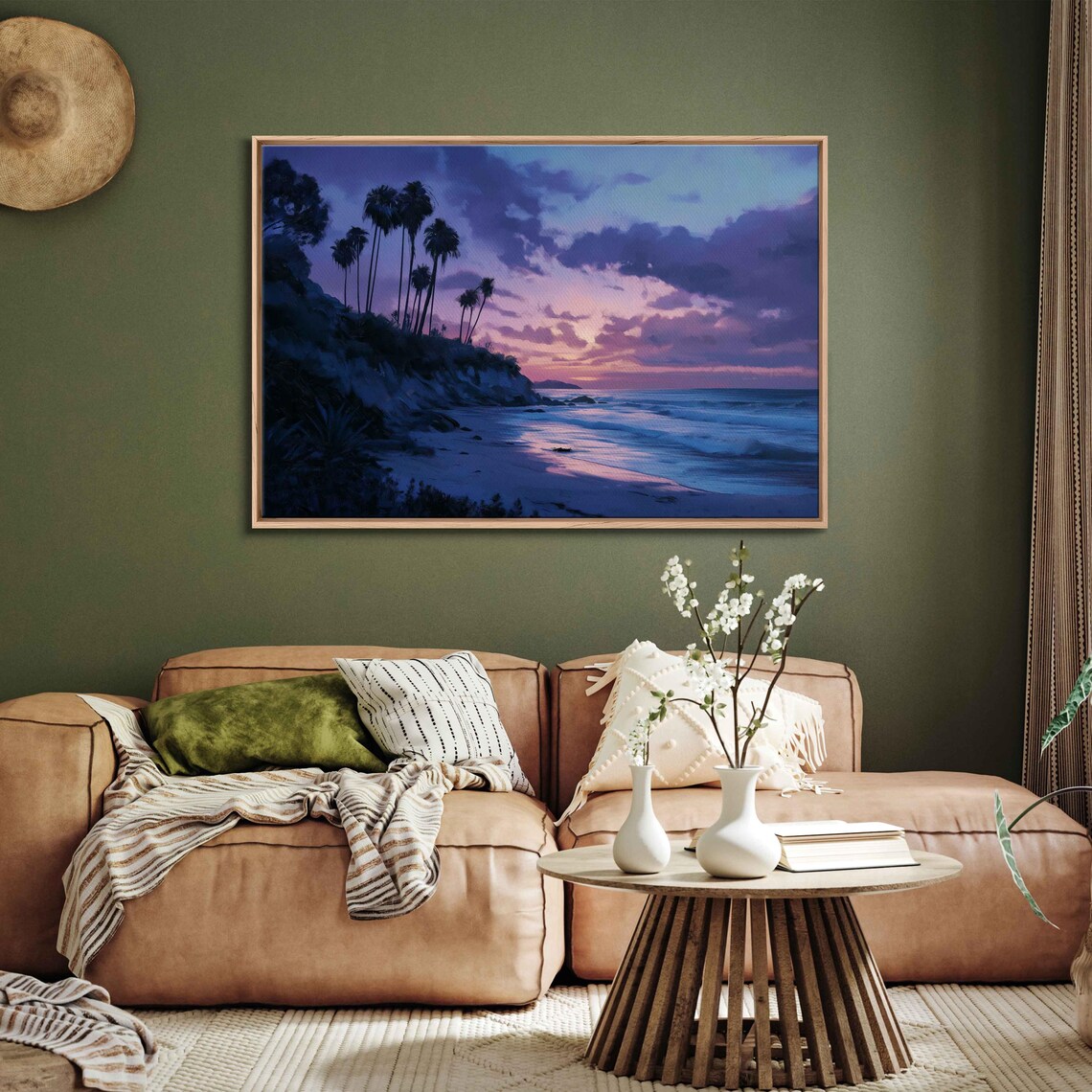 Tranquil Beach Scene, Silhouetted Palm Trees Dusk Sky