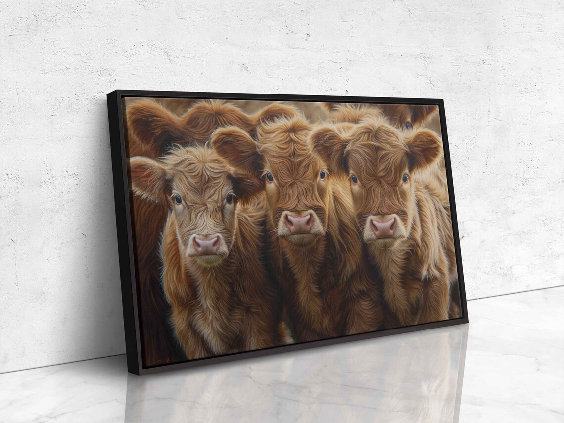 Fluffy Highland Calves Close Up Portrait Trio Cute Cow Poster - Image 4