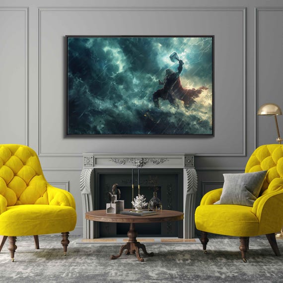Thor Holding Mjolnir Standing In Stormy Sky Wall Art Print Norse Mythology God Of Thunder German Paganism Ready To Hang