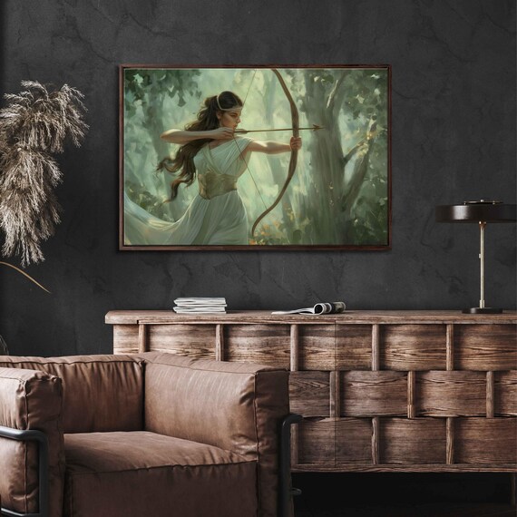 Serene Goddess Artemis Drawing Bow In Forest Wall Art Print Greek Mythology Goddess Of Hunt Olympian Ready To Hang