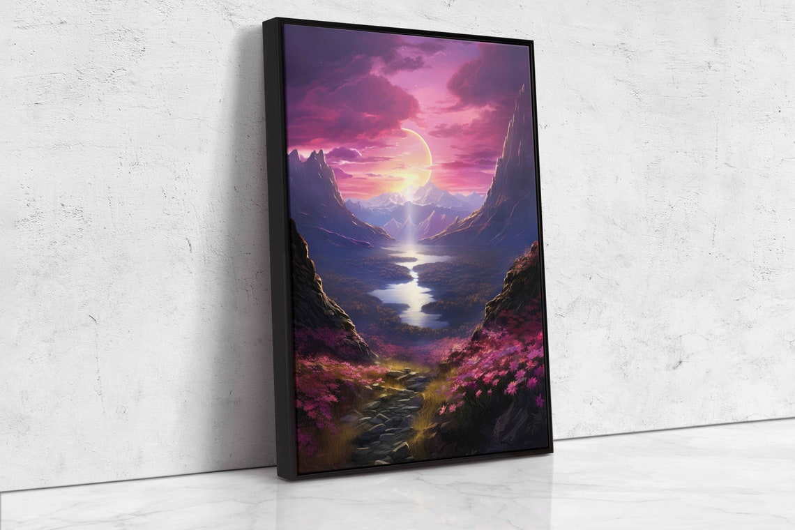 Pink Sunset Moonlit Mountain Valley River Flowers Fantasy Wall Poster - Image 4