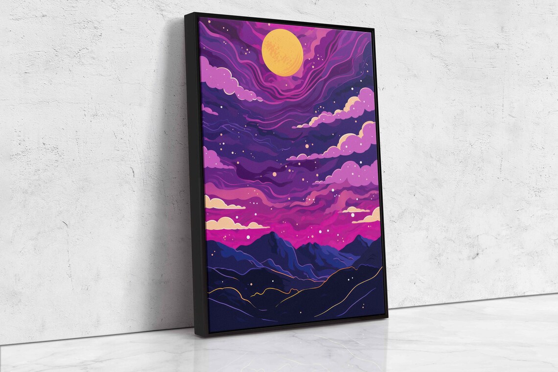 Neon Sunset Landscape Abstract Wall Art Print Vibrant Colors Trippy Clouds Mountain Range Ready To Hang - Image 4