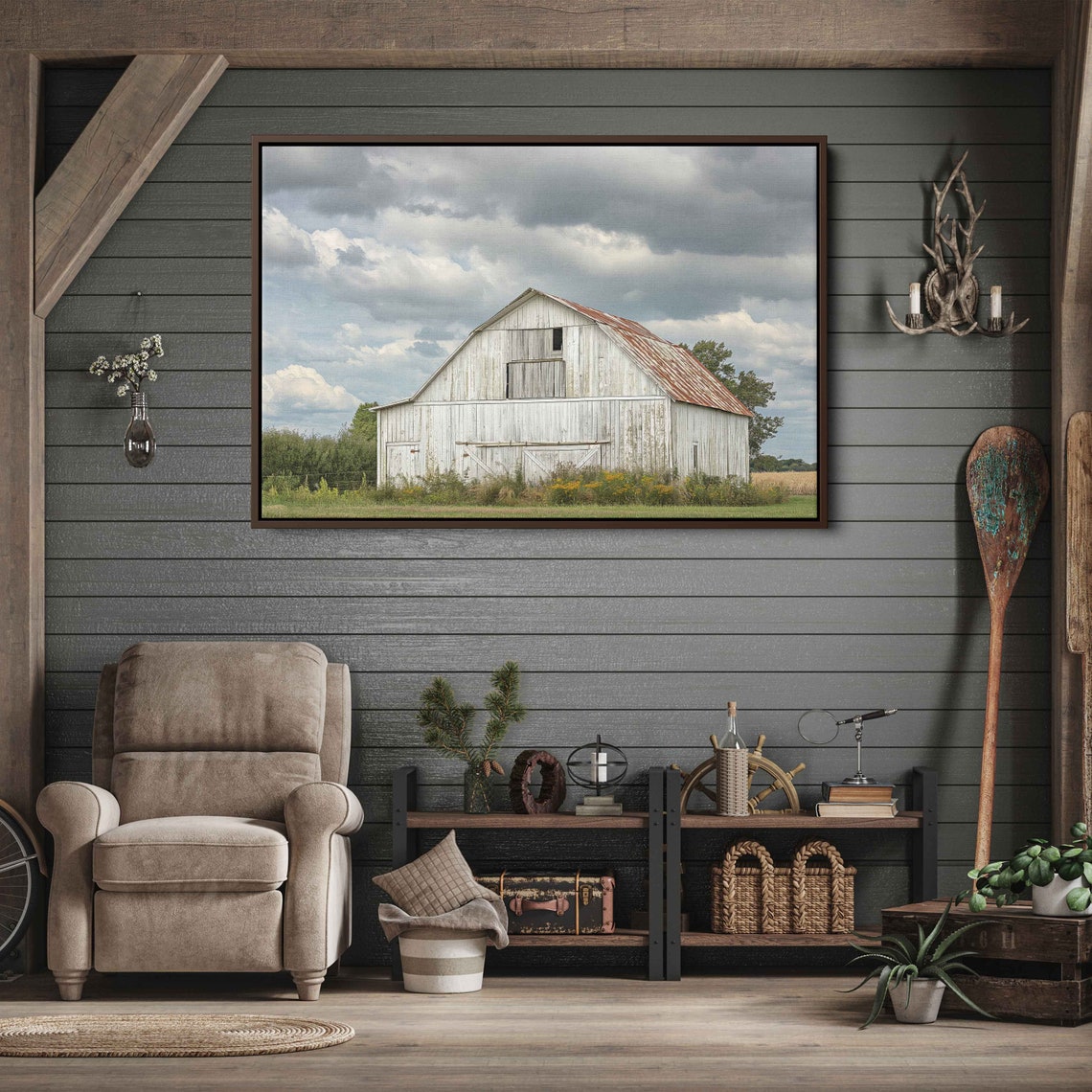 Rustic Weathered Barn Under Cloudy Skies Wall Art Print Countryside Landscape Ready To Hang