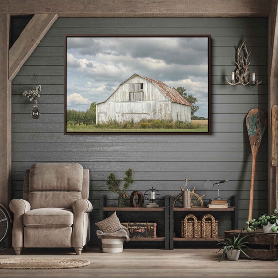 Rustic Weathered Barn Under Cloudy Skies Wall Art Print Countryside Landscape Ready To Hang