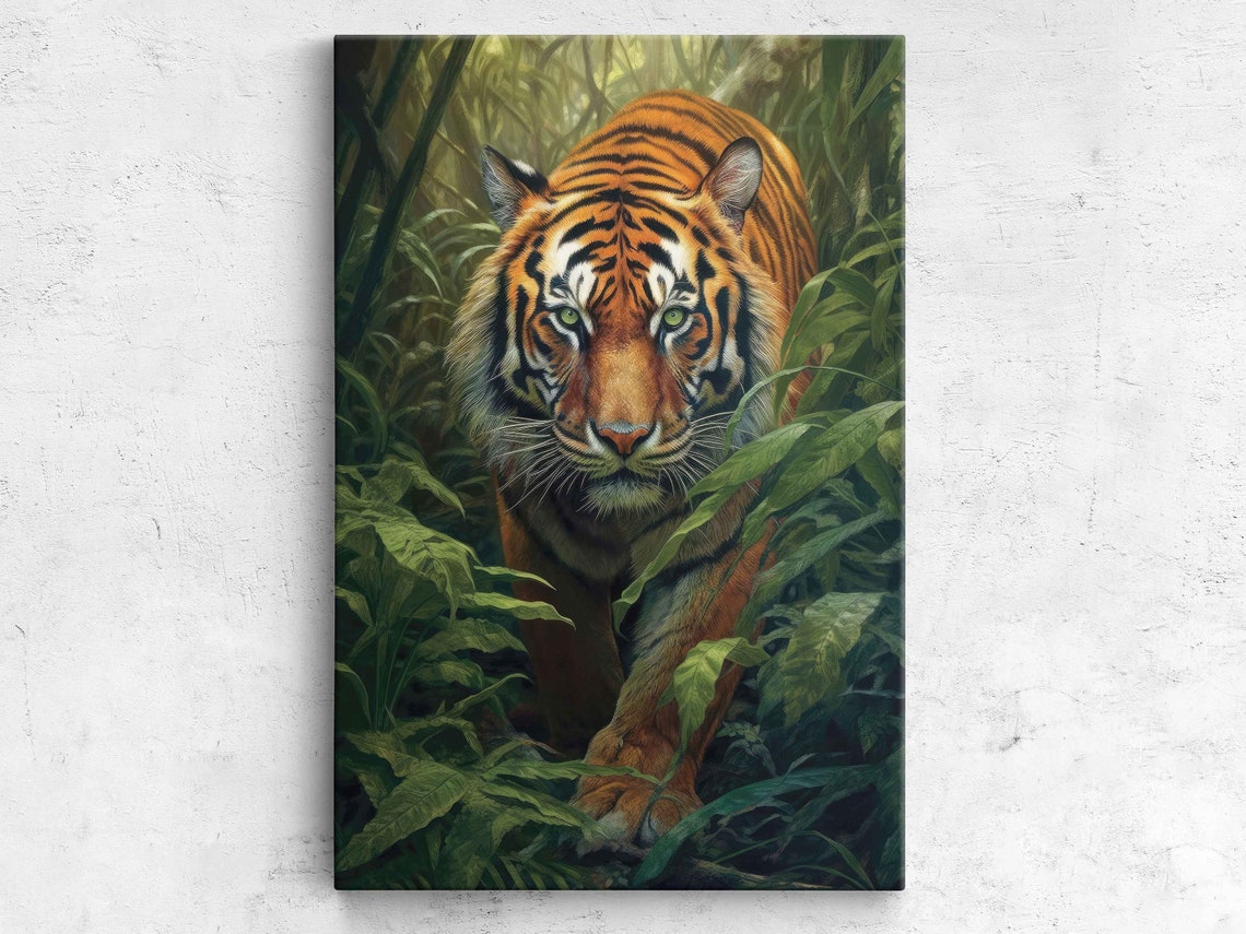 Tiger Stalking Through Lush Jungle Piercing Eyes Wildlife Art Poster