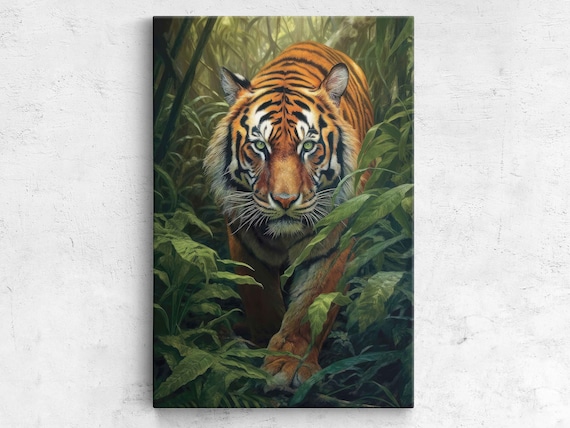 Tiger Stalking Through Lush Jungle Piercing Eyes Wildlife Art Poster