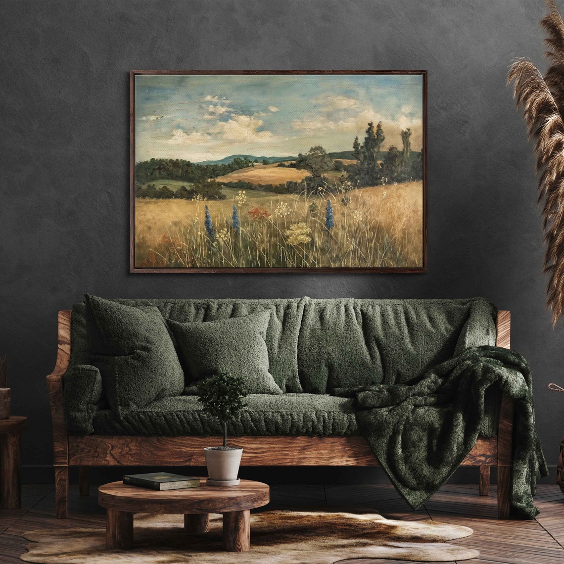 Vintage Landscape Painting Lush Greenery Cloudy Blue Sky Wall Art Print Ready To Hang - Image 3