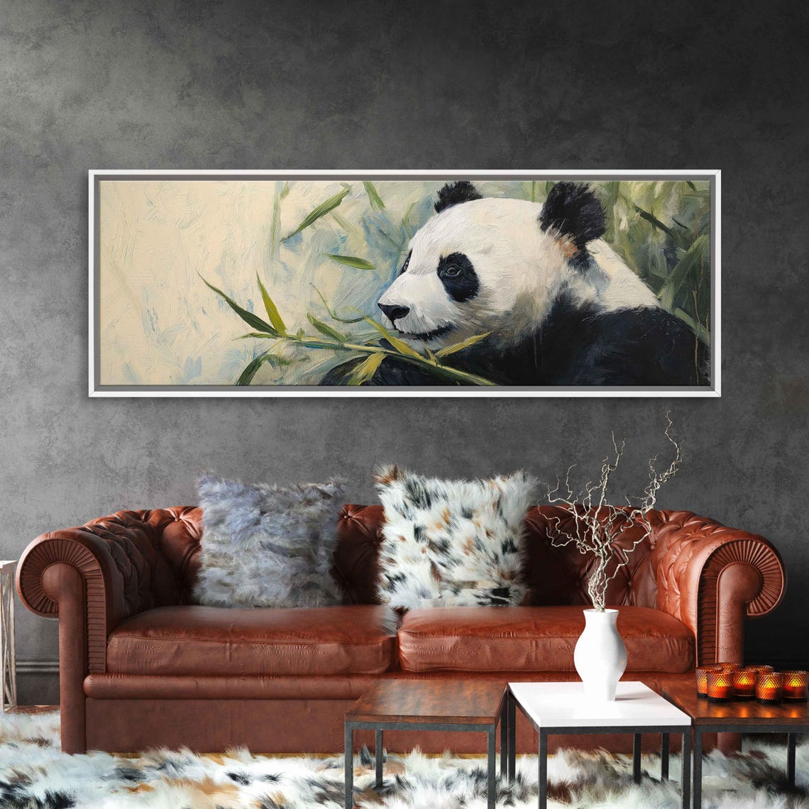 Giant Panda Eating Bamboo Painterly Portrait Panoramic Art Print