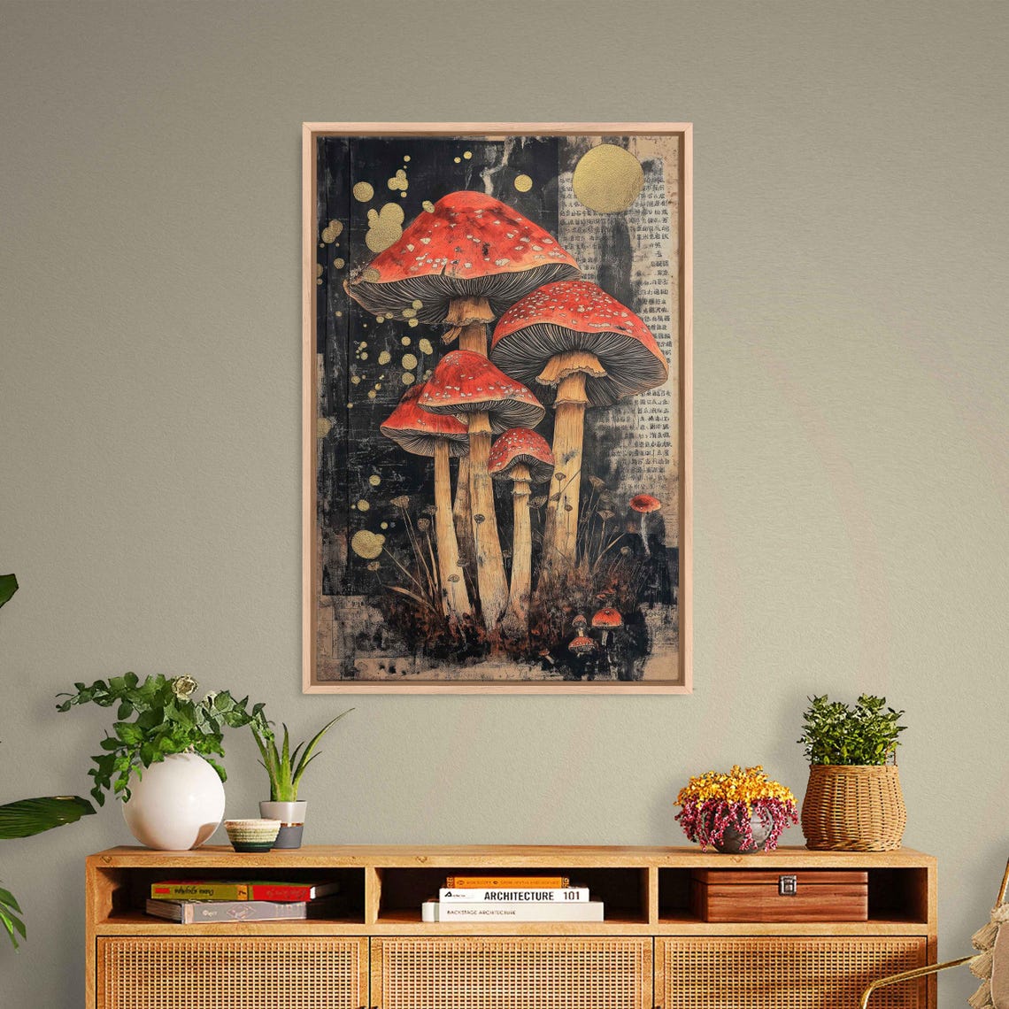 Red Fly Agaric Mushrooms Golden Moon Dark Journal Collage Art Poster
