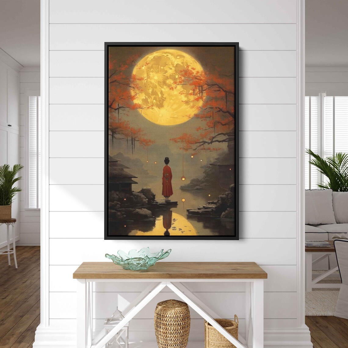 Kimono Figure Golden Moon Autumn Lake Vintage Japanese Oil Art Print