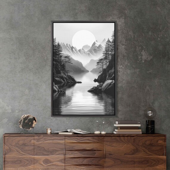 Serene Lake Flowing Through Mountainside Wall Art Print Monochromatic Art Lakeshore Forest Ready To Hang