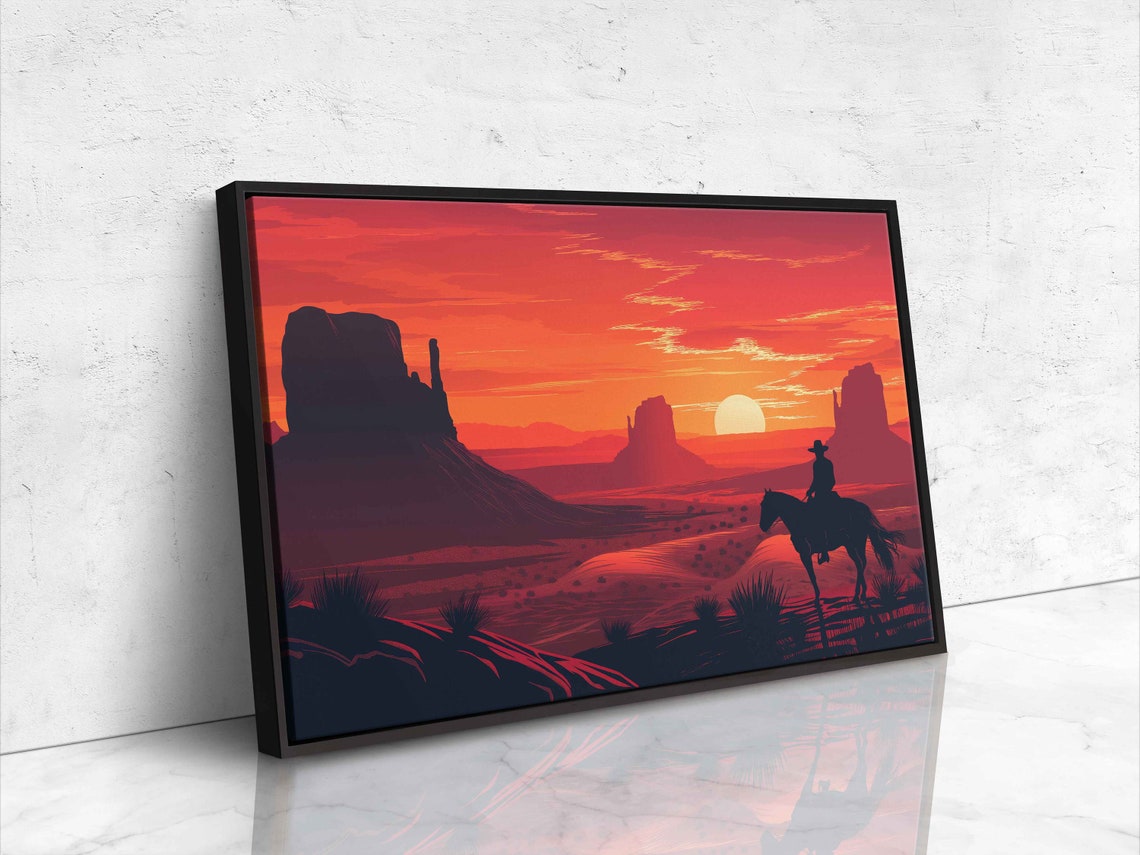 Cowboy Riding Horse Desert Sunset Red Rock Mesas Western Art Poster - Image 4