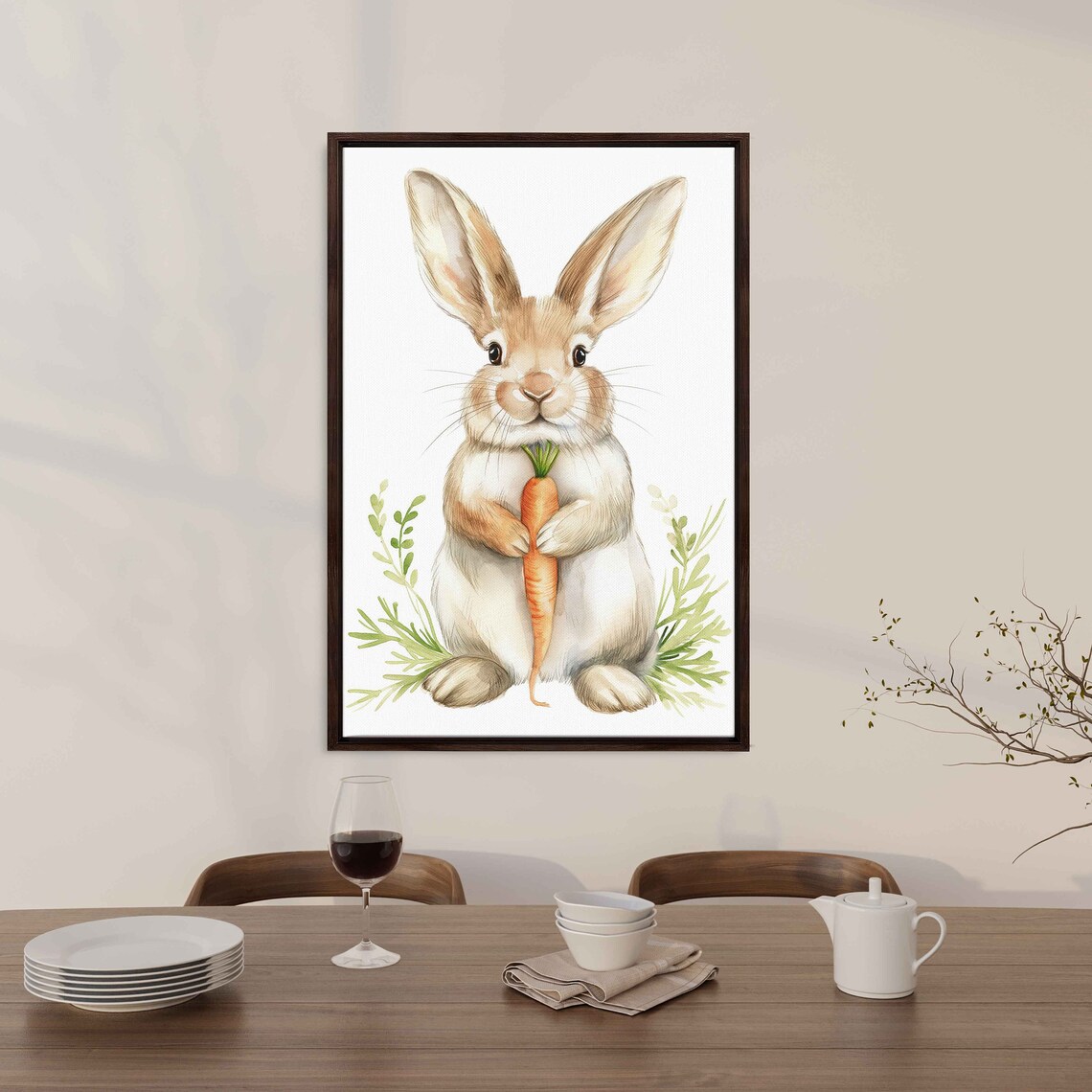 Adorable Tan Baby Bunny Holding Carrot With Green Leaves Watercolor Poster - Image 3