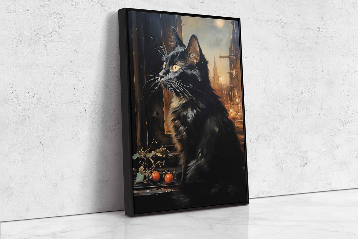 Black Cat Sitting In Windowsill Night City Oil Painting Cat Lover Print - Image 4