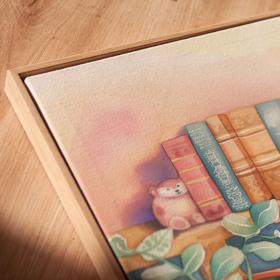 Watercolor Bookshelf With Teddy Bears and Plants Pastel Nursery Wall Poster - Image 2