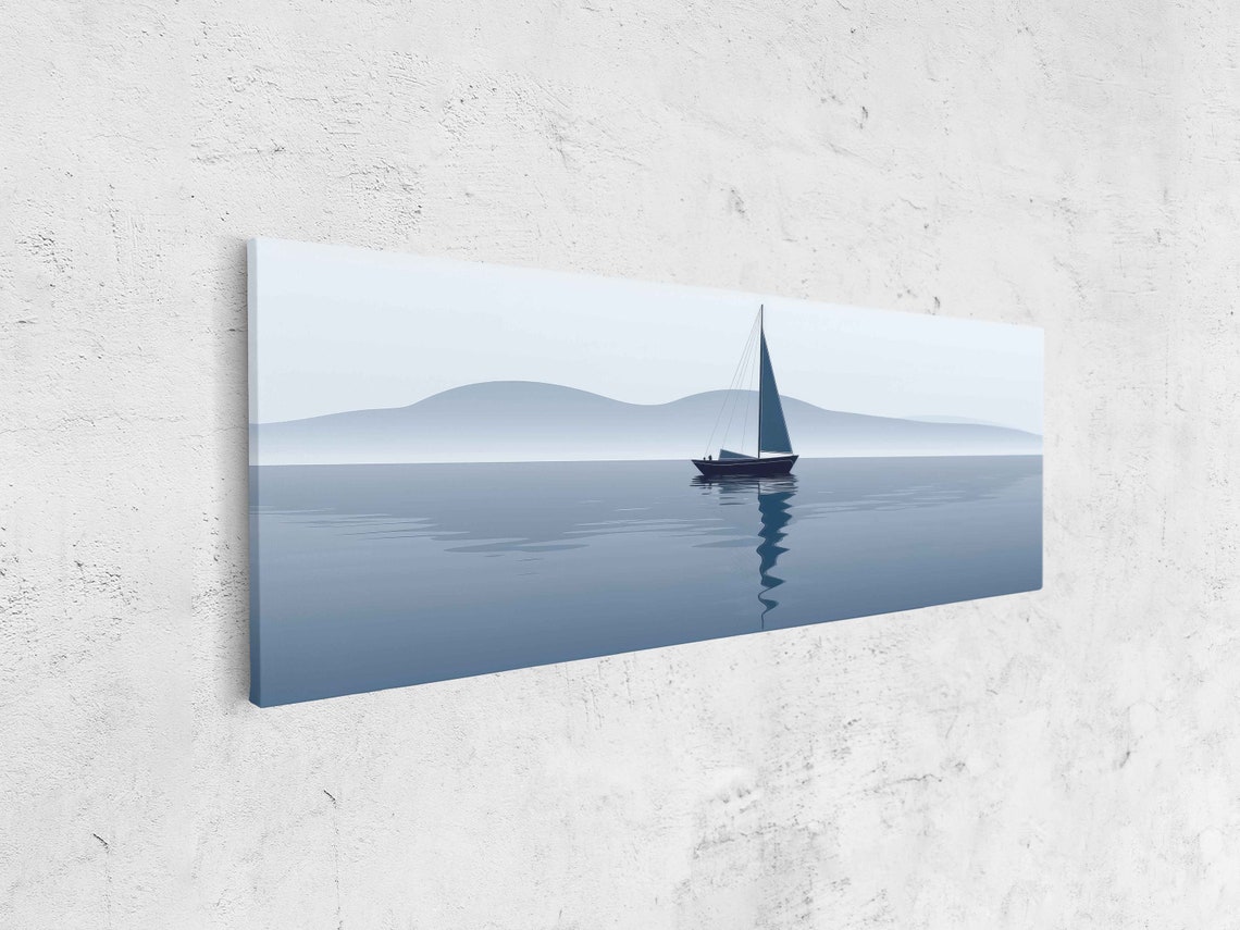 Minimalist Sailboat Calm Blue Water Misty Hills Modern Wall Art Print - Image 4