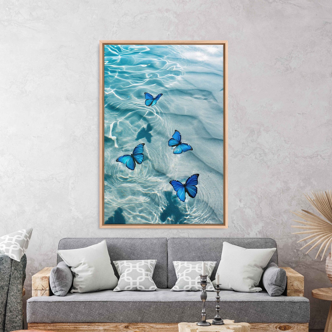 Blue Morpho Butterflies Over Rippled Turquoise Water Nature Art Print