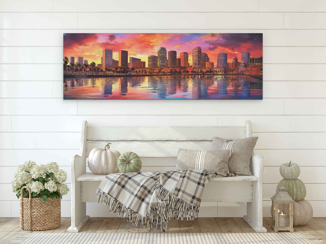 Vibrant City Skyline Sunset Waterfront Panoramic Palm Trees Poster - Image 2