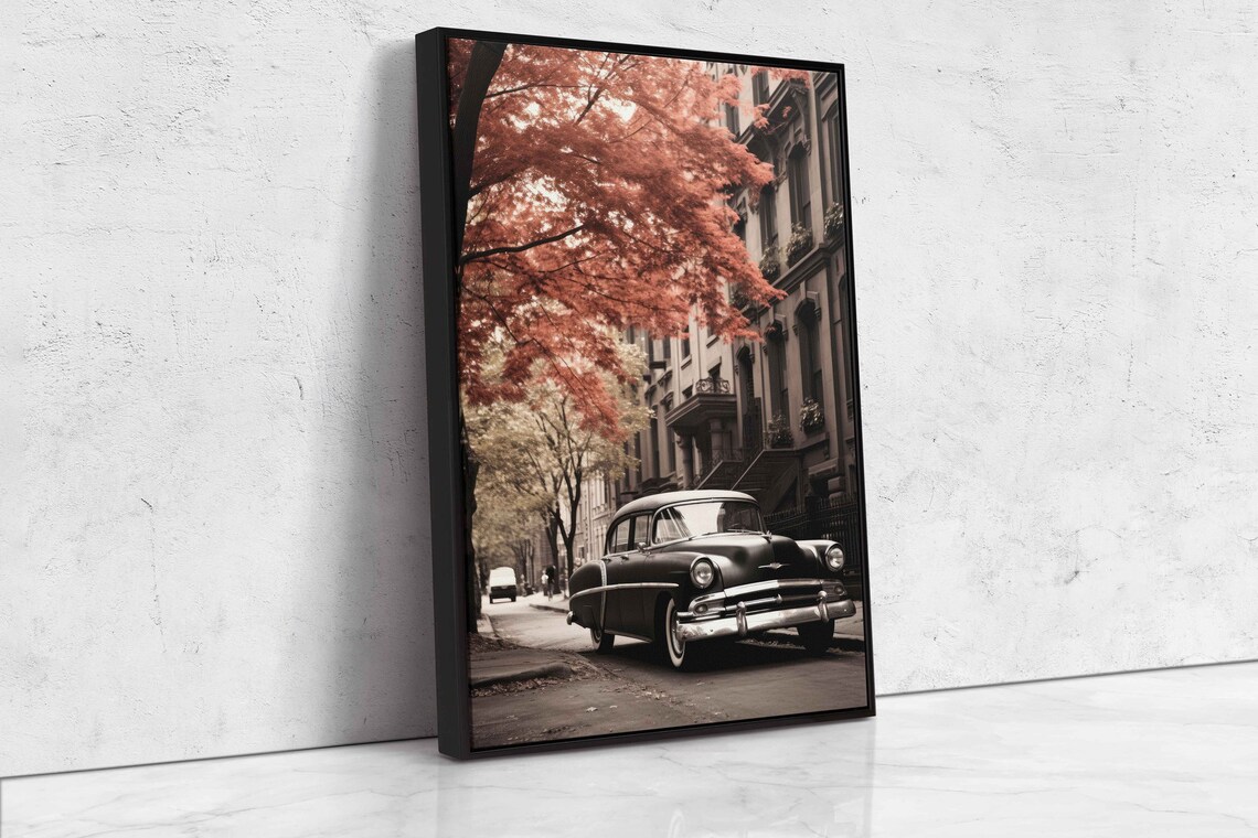 Vintage Black Sedan Brownstone Street Autumn Red Trees Photo Poster - Image 4