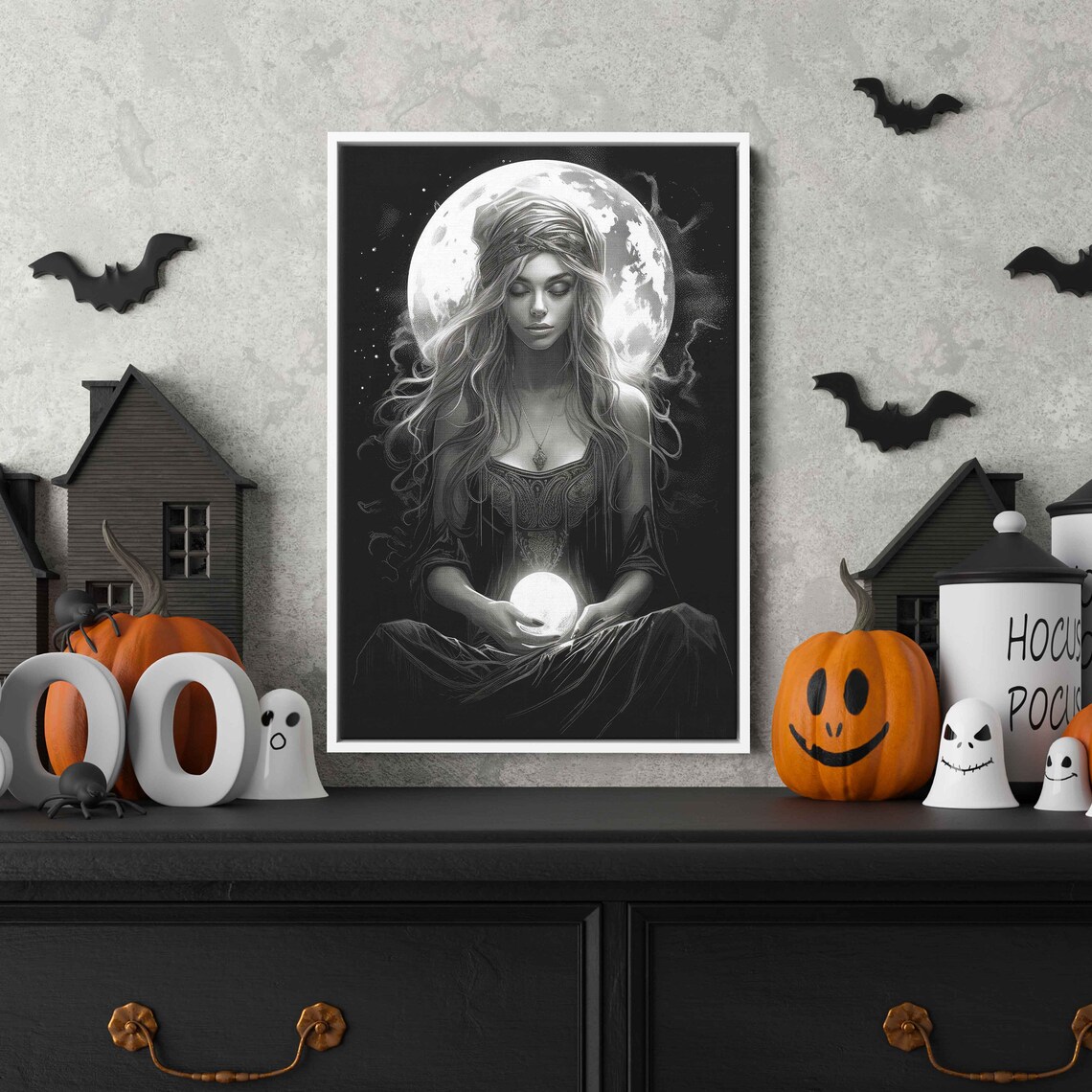 Celestial Sorceress Black White Full Moon Glowing Orb Halloween Art Print