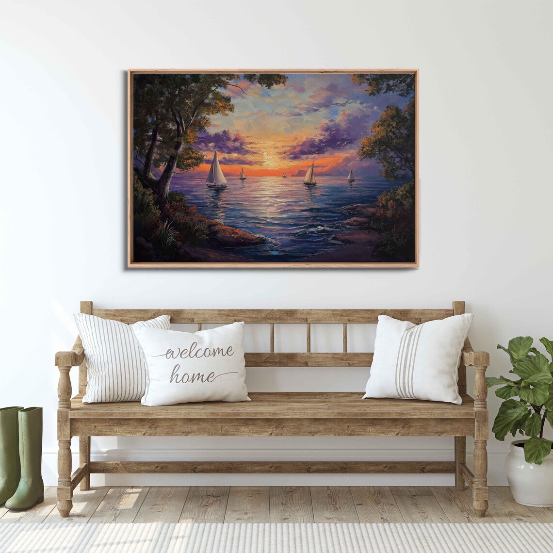 Sailboats Gliding Sunset Water Violet Orange Sky Tree Lined Shore Scene Travel Poster - Image 3