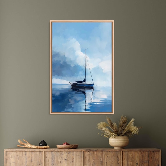 Tiny Sailboat On Glassy Water Moody Blue Minimalist Painting