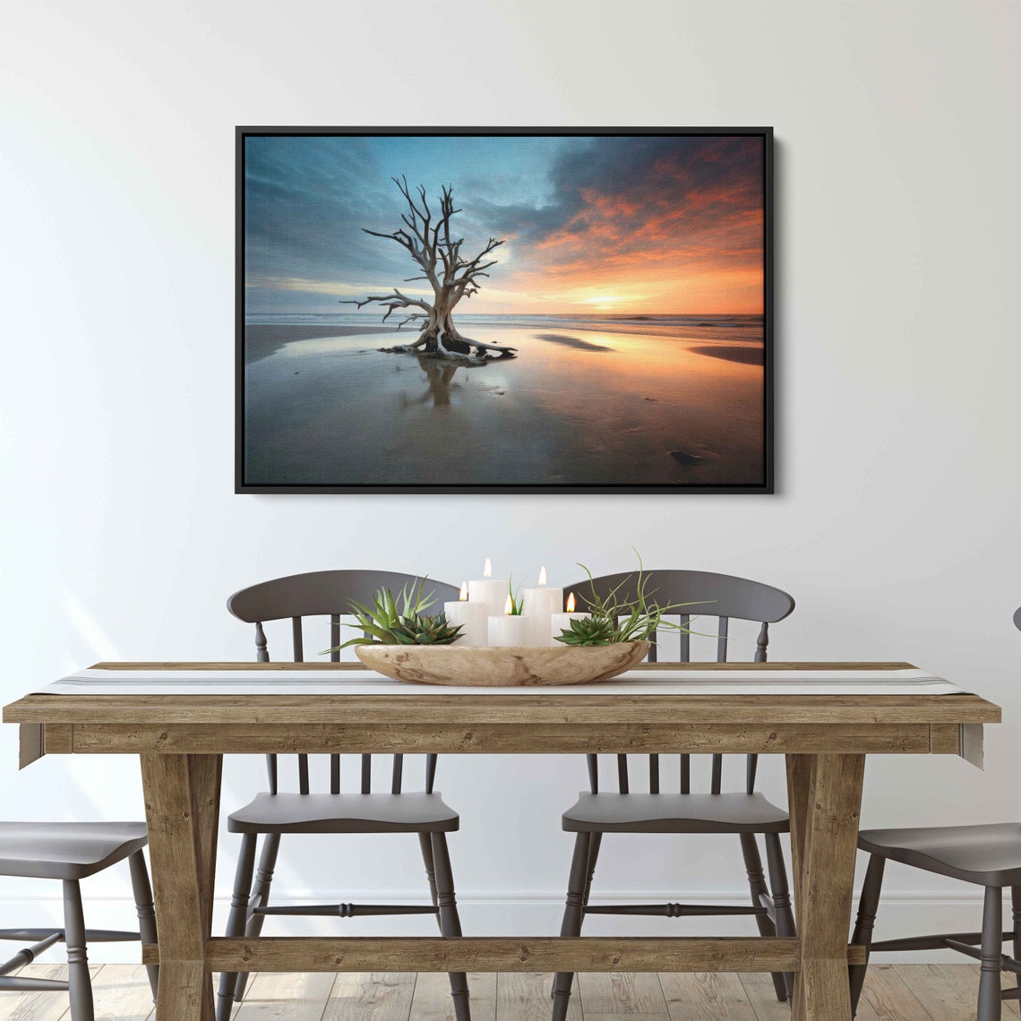 Lone Bare Tree Reflected On Wet Sand Beach At Sunset Photo Print - Image 2