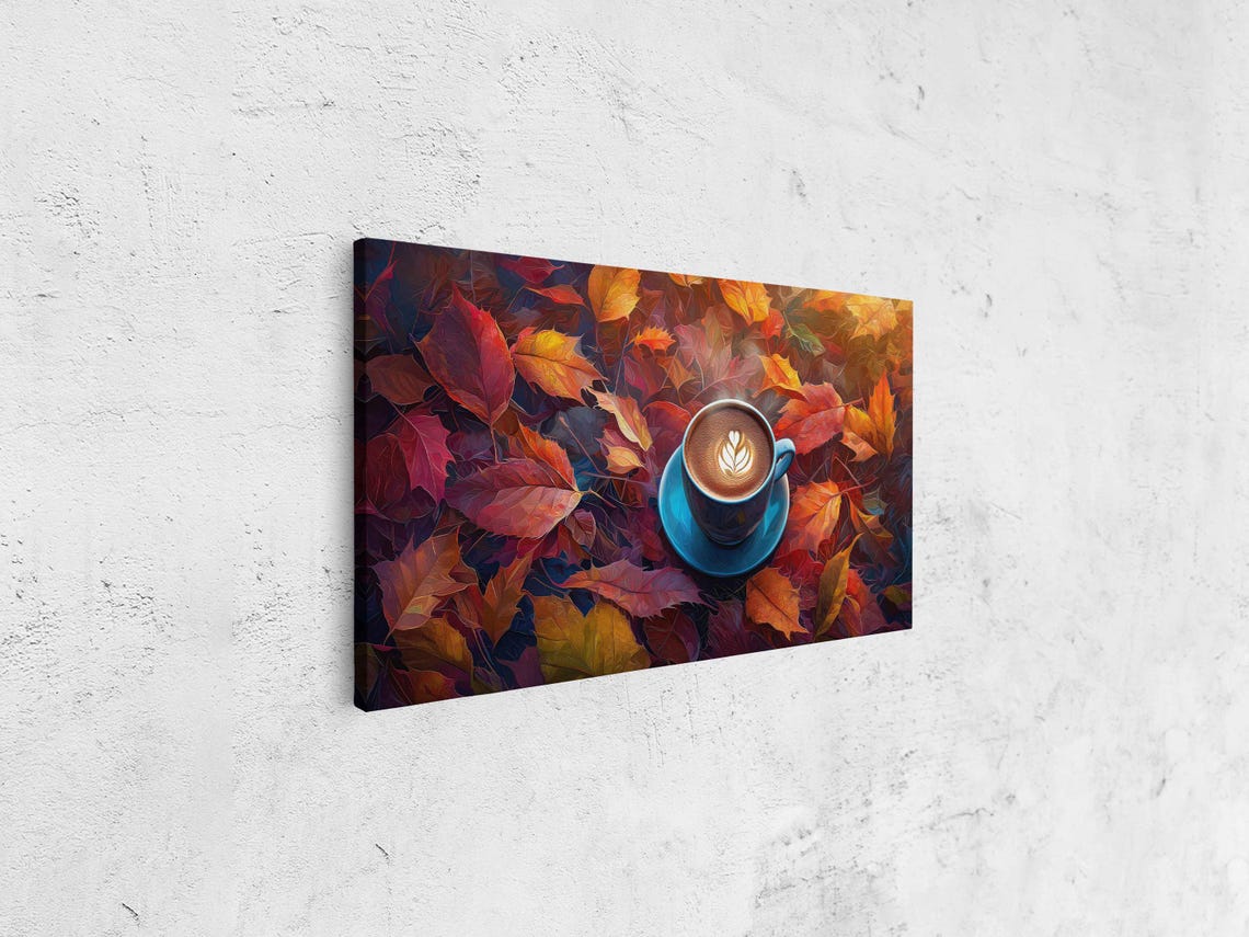 Blue Latte Cup With Leaf Art Among Crimson Autumn Leaves Print - Image 4