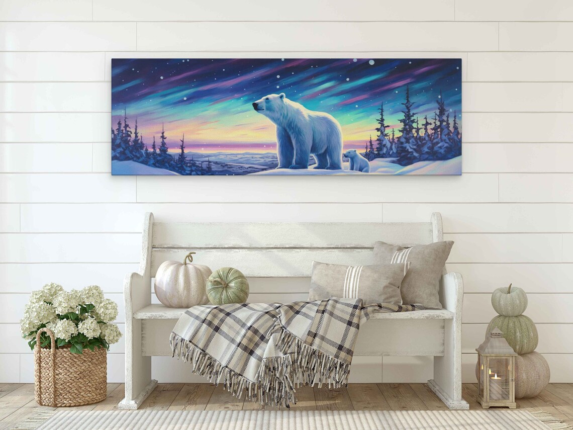 Mama Polar Bear and Cub Aurora Night Sky Snowy Forest Panoramic Art Poster - Image 2