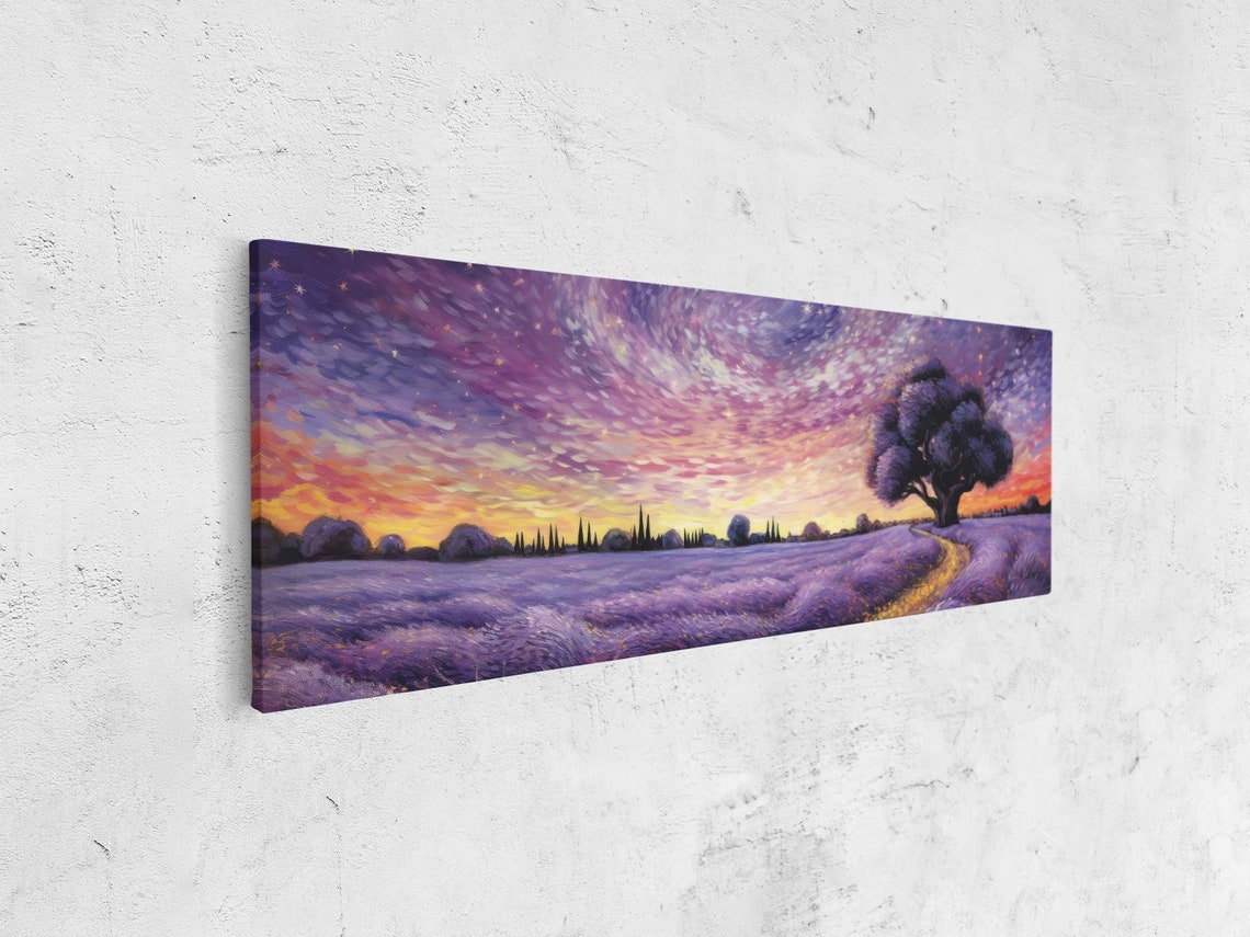 Lavender Field Starry Sunset Sky Golden Path Panoramic Art Poster - Image 4